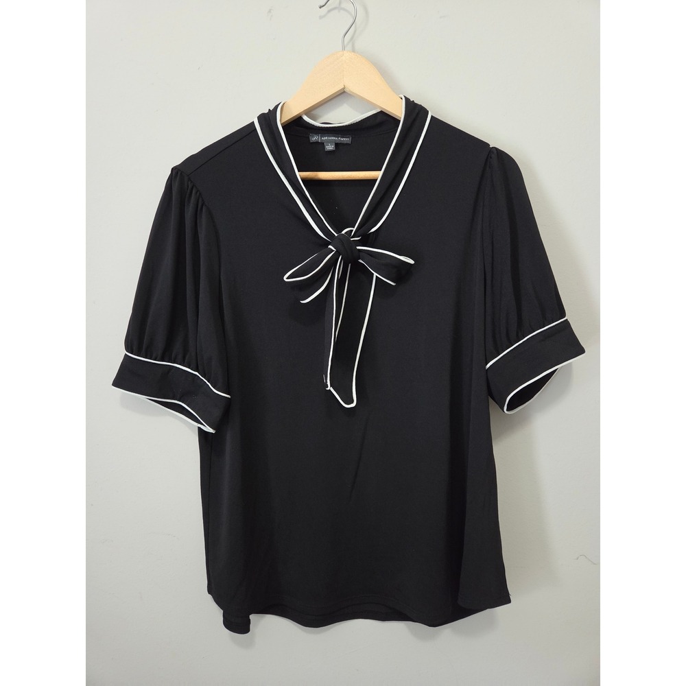 Adrianna Papell Black White Tie Neck Puff Sleeve Blouse AD1S302556 Large